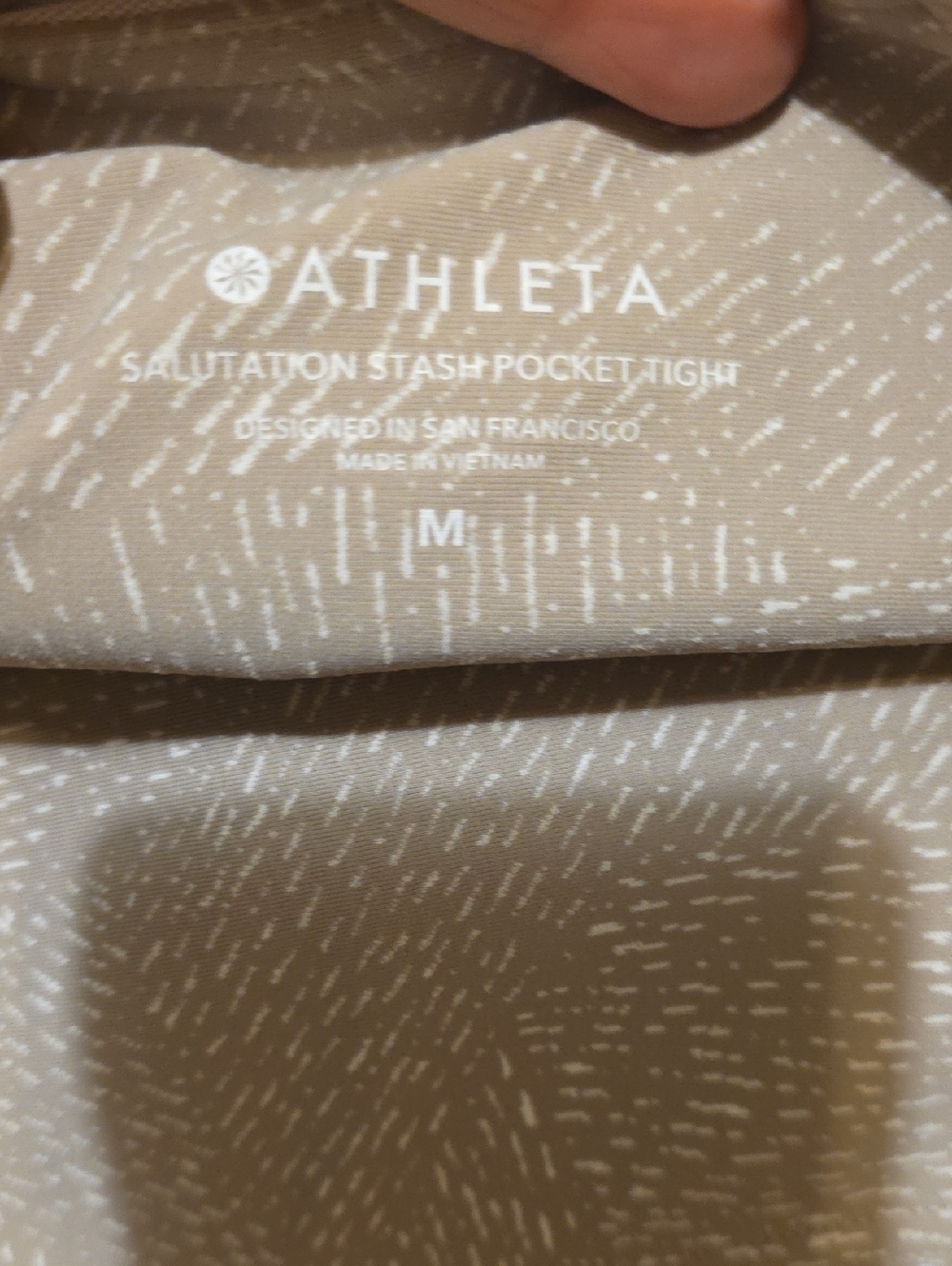 Athleta Light Taupe Salutation Stash Pocket Tight with White Dash Print